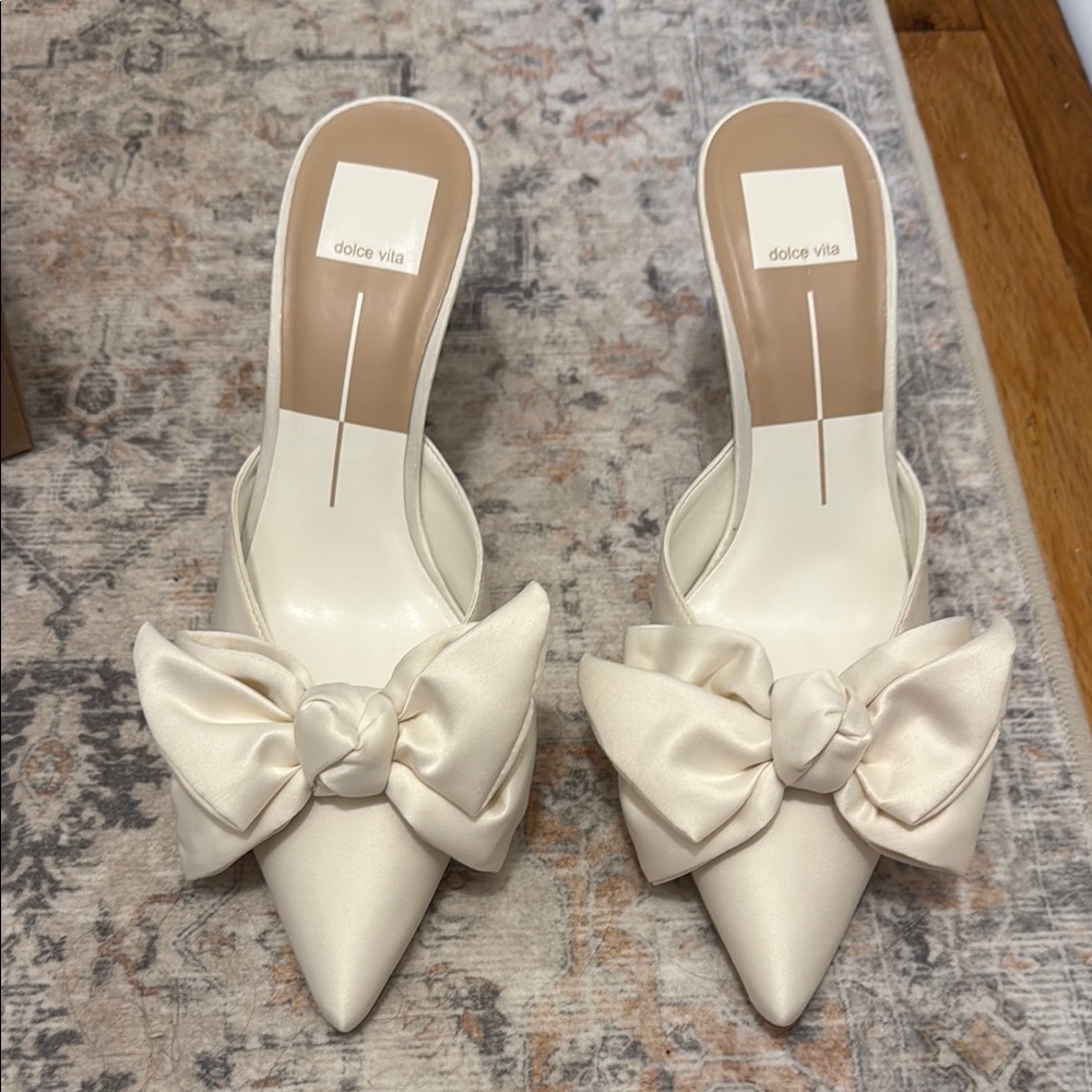 Dolce Vita White Satin Bow Kitten Heel Mules